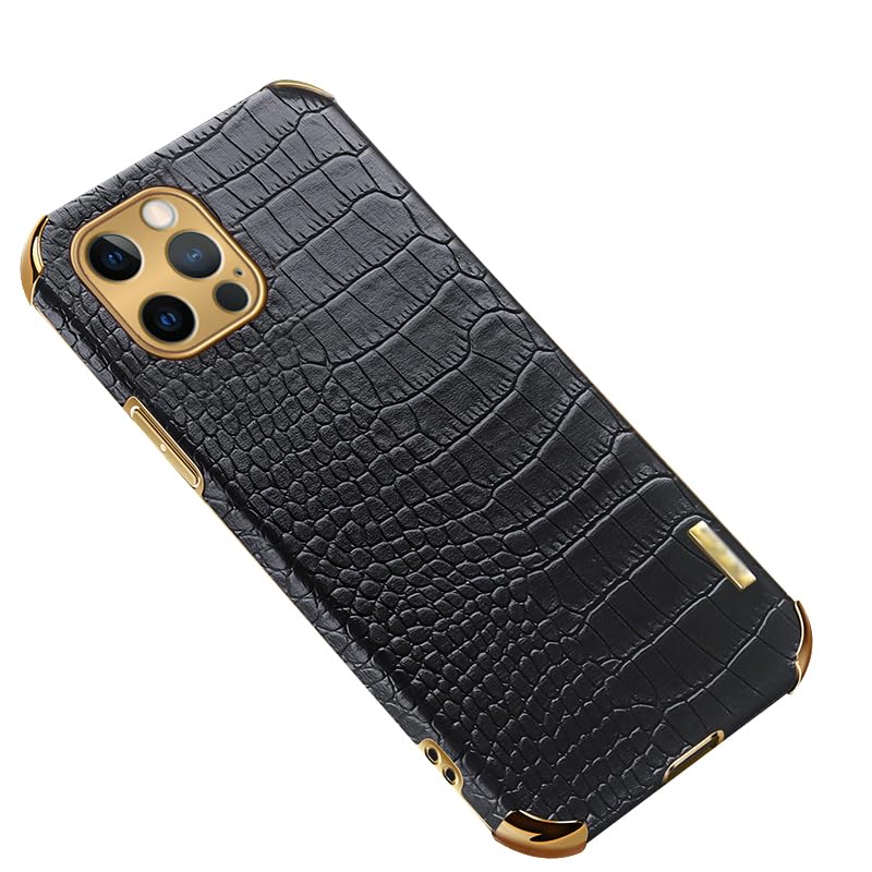lefedaCase for iPhone 15Pro Max/15 Pro/15 Plus/15, Premium PU Leather Classic Crocodile Pattern Phone Cover Electroplated Drop Protection Case,Black,15 Pro