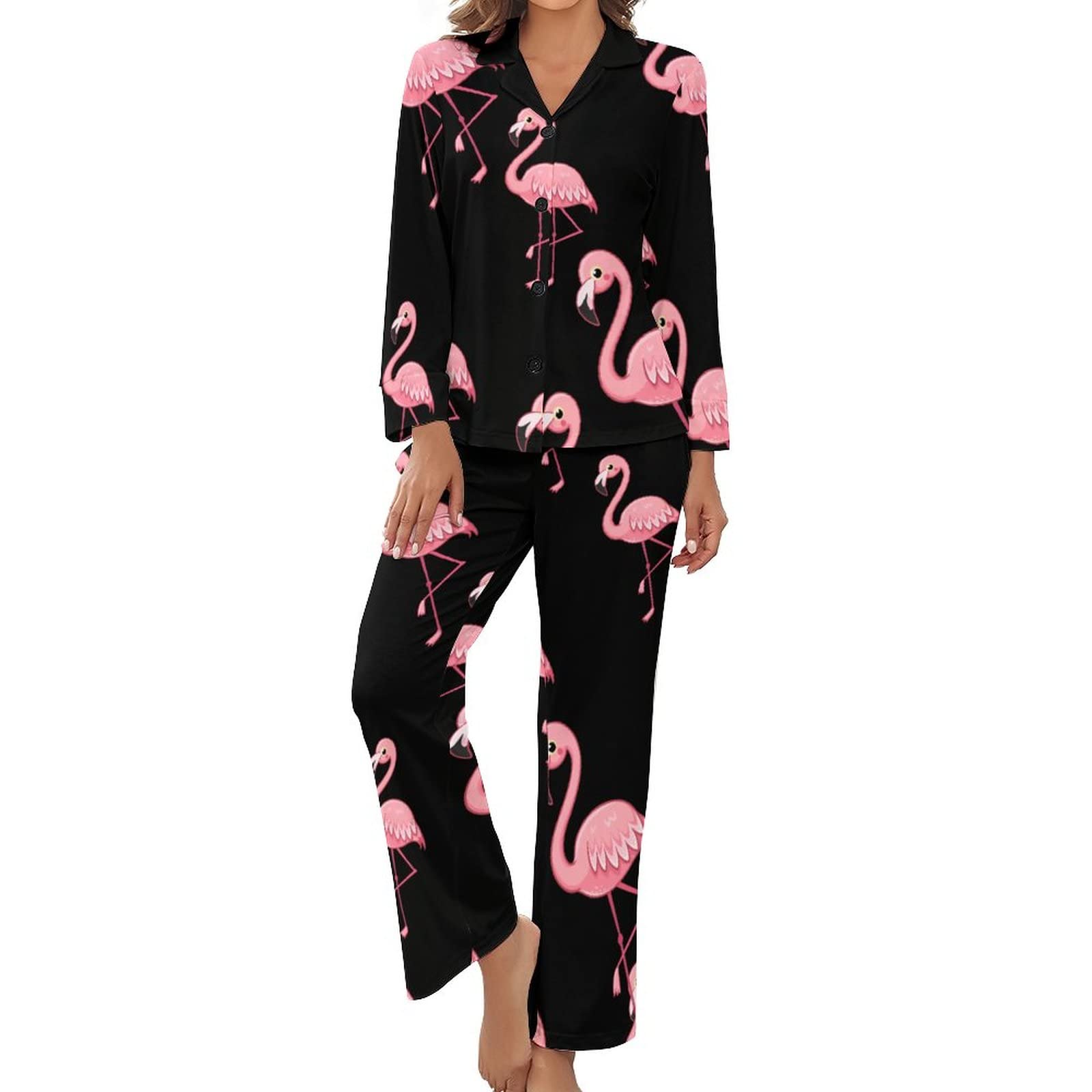 Women's Black The Cute Beautiful Pink Flamingo Pajamas Set Long Sleeve Pj Set Button Down Sleepwear Pajamas Loungewear M