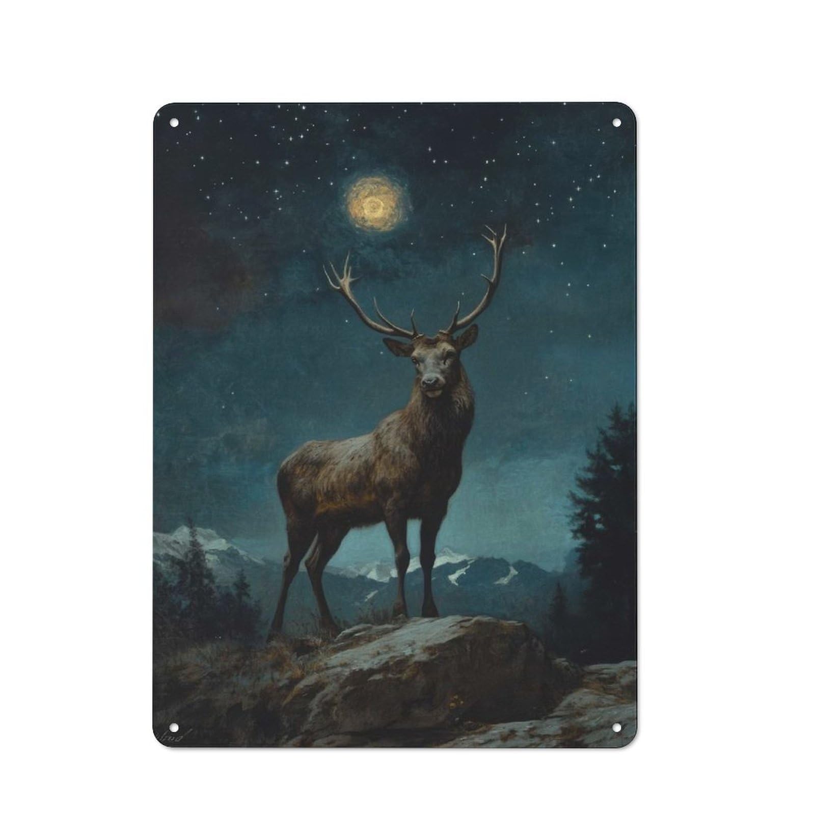 Majestic Elk Under Night Sky Vintage Metal Wall Decor 40x30cm, Tin Wall Sign for Restaurant, Kitchen, Counter Or Breakfast Nook