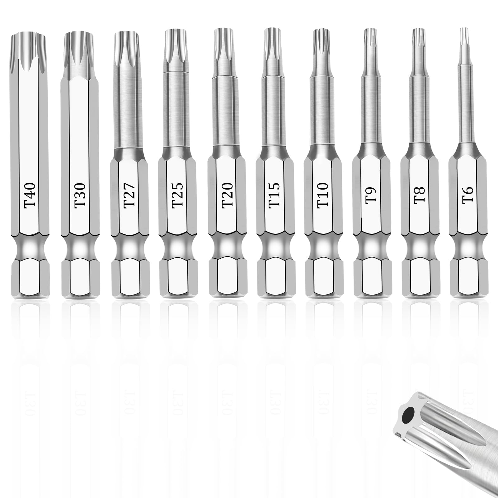 10 Piece Security Torx Bit Set (T6-T40), 1/4 Inch Hex Shank S2 Steel Magnetic Tamper Proof star screwdriver bit set 2" Long