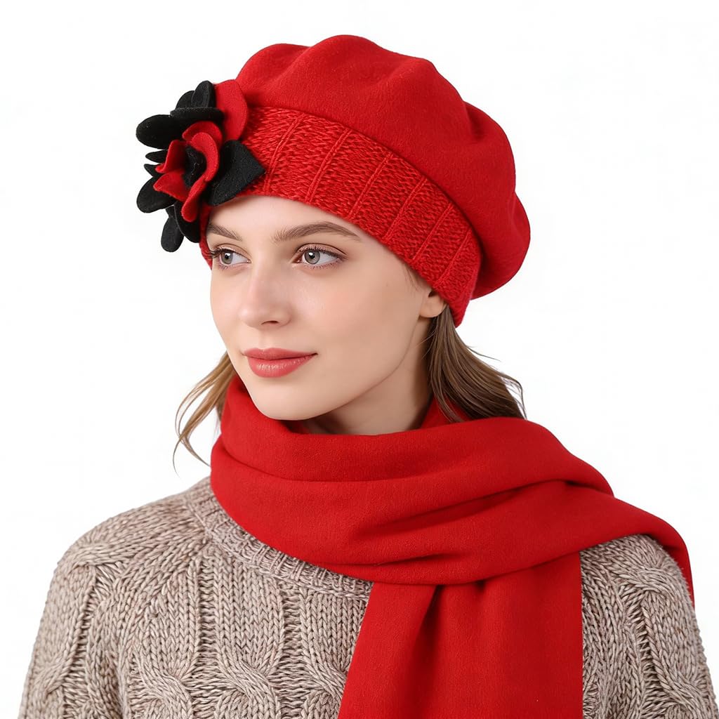 Ruphedy Women's Hy023-Red-A Beret Beanie Chic Wool French Beret Dress Winter Hats Hy022 (Hy023-Red)