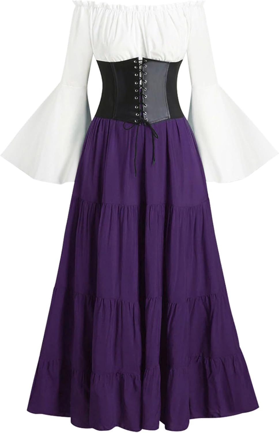 Women Gothic Corset Dresses Plus Size Long Sleeve Cold Shoulder Laceup Renaissance Halloween Cosplay Costume Dress