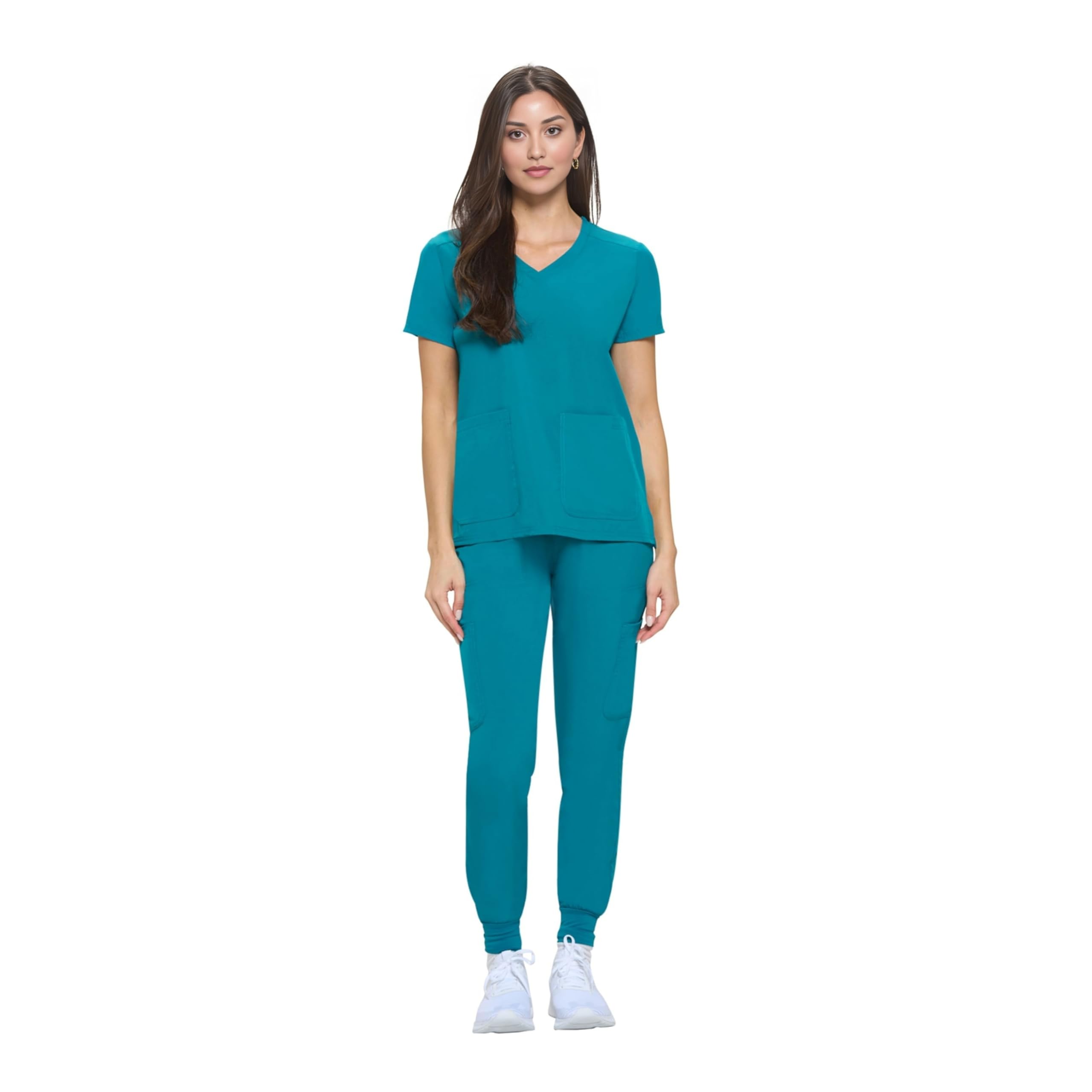 ACTIVE UNIFORMS Women's Essential Scrub Set Cool Stretch Jogger Scrub Top and Pant Nursing Uniform Clearance Workwear (Teal, X-Large)