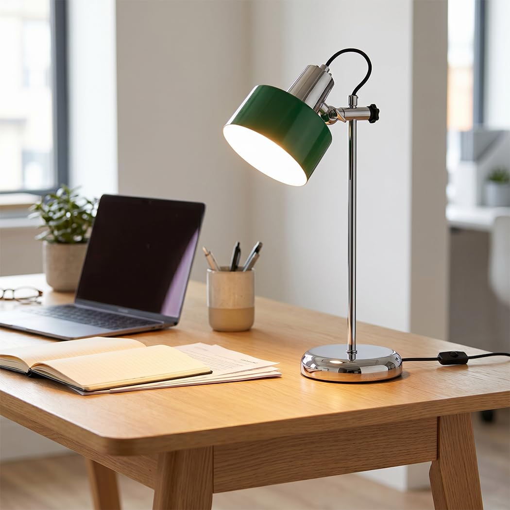 Schreibtischlampe E27,Verstellbarer Lampenschirm,Schreibtischlampe Retro | Grün Lampenschirm,Silber Base,Höhenverstellbar,Tischlampe Chrom,Schlafzimmer Büro Lernen,Vintage Nachttischlampe Leselampe