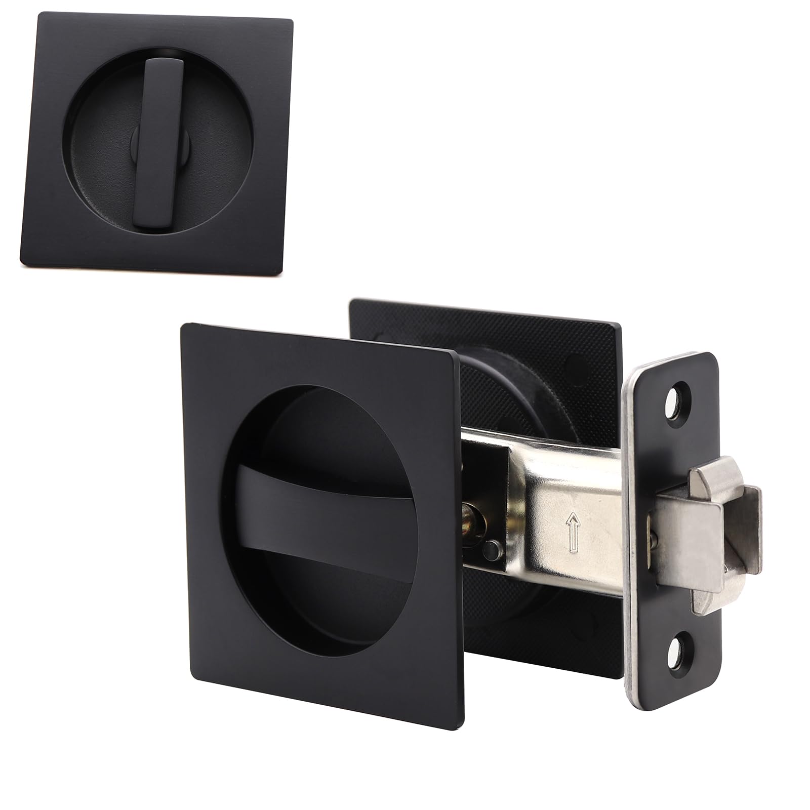 Dontay Pocket Door Passage Lock, Double Sided Rotation, Privacy (Bed/Bath) Latch, Flush, Large Locking Lever, Hardware for 1 3/8” to 2 3/16” Thickness Door (2, Matte Black Including Edge Pull)