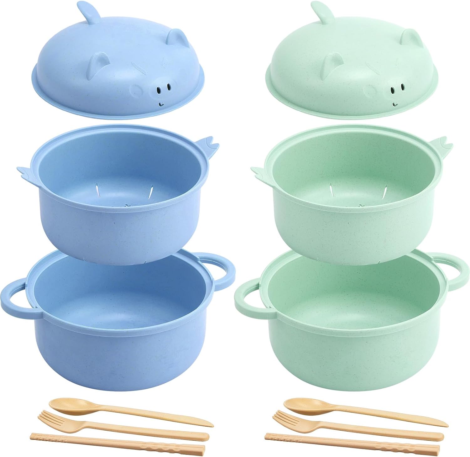 2 Sets 45oz Cute Pig Ramen Bowl Set Microwavable Nordic Blue, Green
