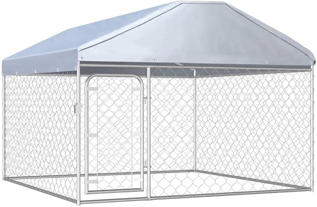 vidaXL Outdoor Dog Kennel with Roof Lockable Latch System Chain-link Mesh Sidewalls Pet Puppy Cage House Animal Shelter Silver Galvanized Steel