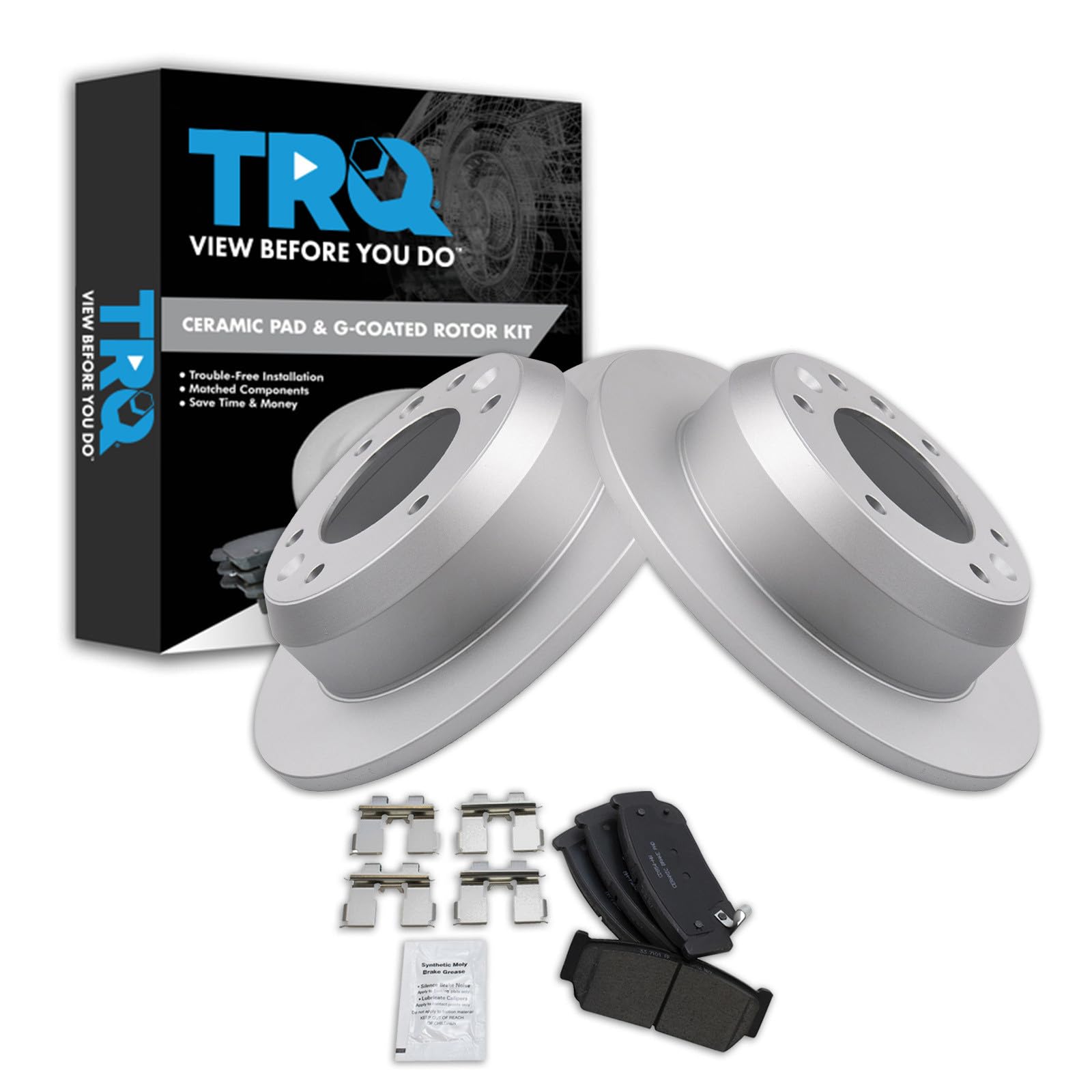 TRQ Rear Brake Pad and Rotor Set Ceramic G Coated Rotors Compatible with 2007 Hyundai Entourage 2006 Kia Sedona