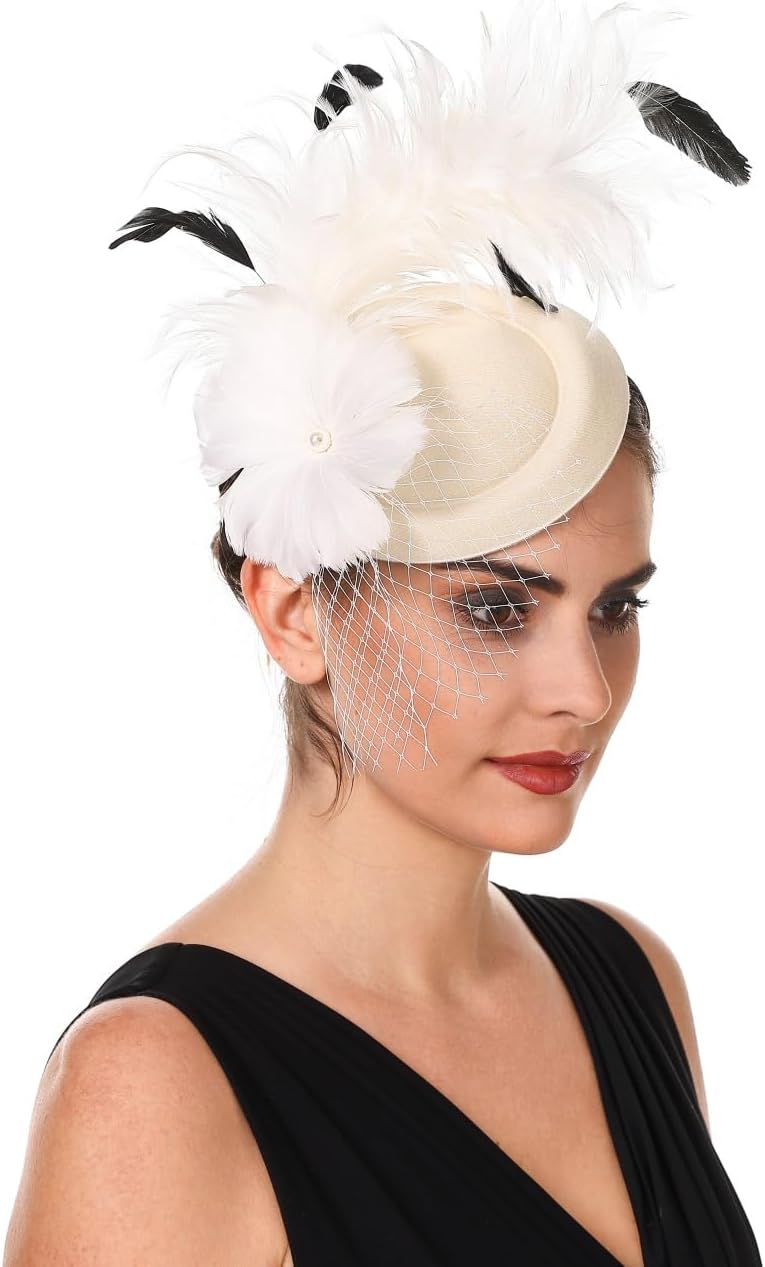 SAFERIN Fascinator for Women Hair Clip Hat Bowler Feather Flower Veil Wedding Party Hat Tea Hat - Image 4