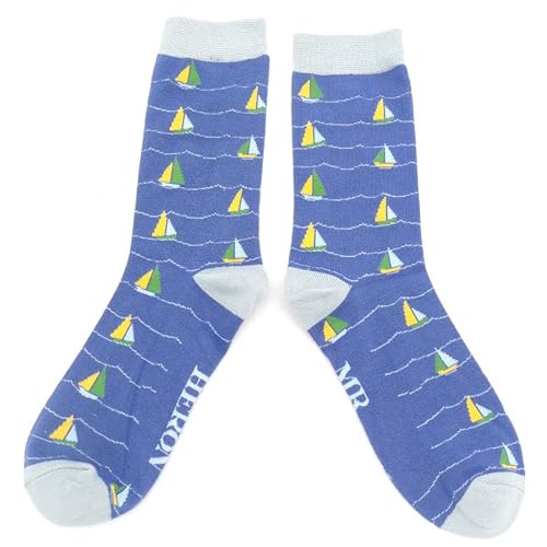 Lilyrosa Men's Blue Sailing Boat Design Socks One Size 7-11 Bamboo Blend Crew Mid Calf
