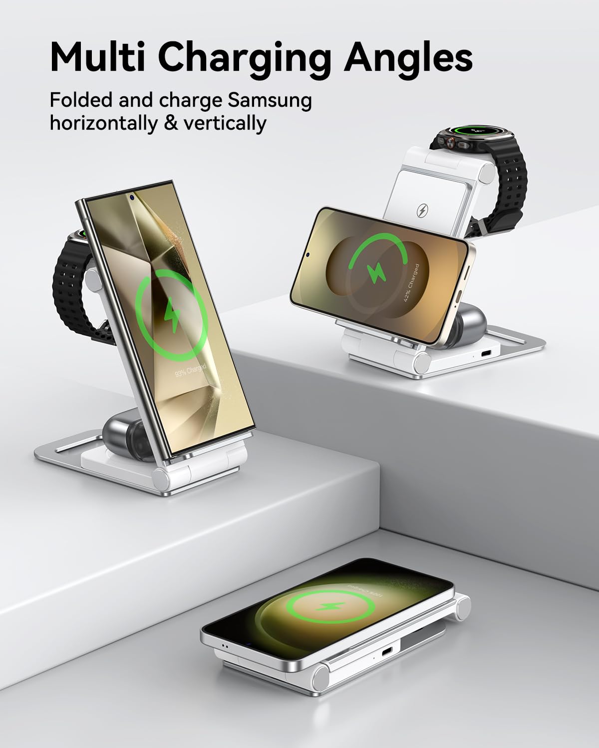 Chargeur Induction 3 en 1 pour Samsung S25 Ultra S24 S23 Z Flip Z Fold 6 5 Pliable Chargeur Rapide sans Fil pour Galaxy Watch 7/6/5 Pro/4/3, Station de Charge pour Galaxy Buds 2 Pro/3 Silvery White