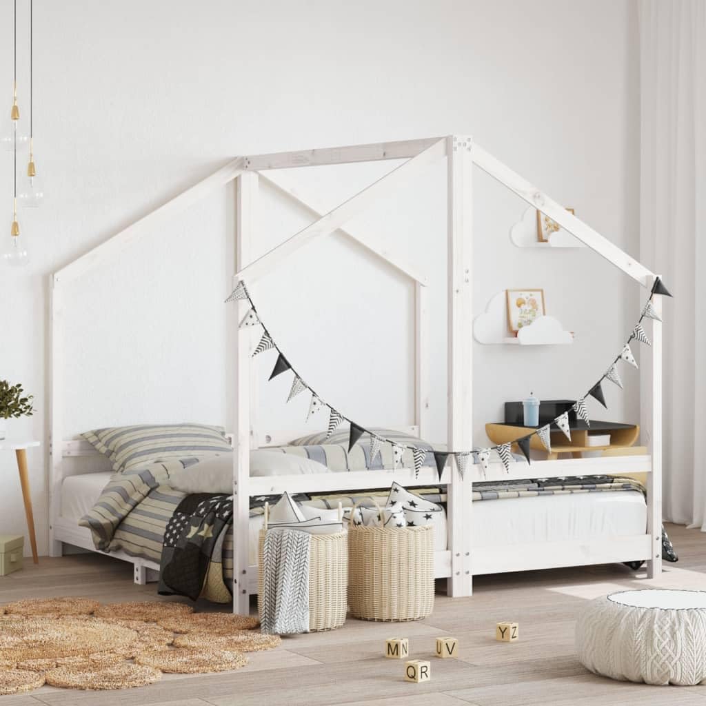 Lettino per bambini in legno massiccio di pino, bianco, 2 x 80 x 160 cm, con rete a doghe e protezione anticaduta, per la cameretta dei bambini, trasformabile con spazio e spazio per dormire