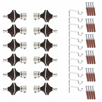 GLOXY Hexa Shape Stainless Steel & ABS Curtain Bracket Parda Holder with Support 1 Inch Rod Pocket Finials Designer Door and Window Rod Support Fittings, Curtain Rod Holder(Brown, Pair of 6)