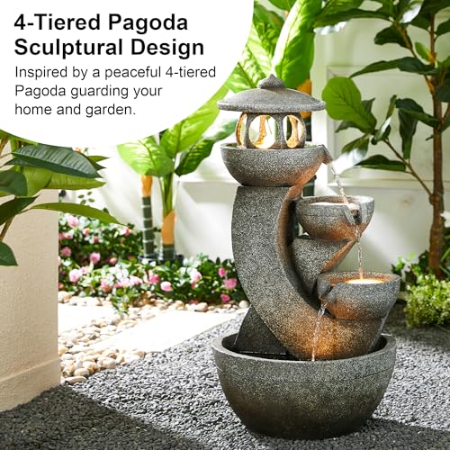 Image of Glitzhome Pagoda Outdoor Water Fountain with LED Light, 4-Tier Oversized Cascading Stacked Stone Waterfall Fountains, Natural Stone Look Outdoor Fountain for Garden Patio Porch, 32 inchH