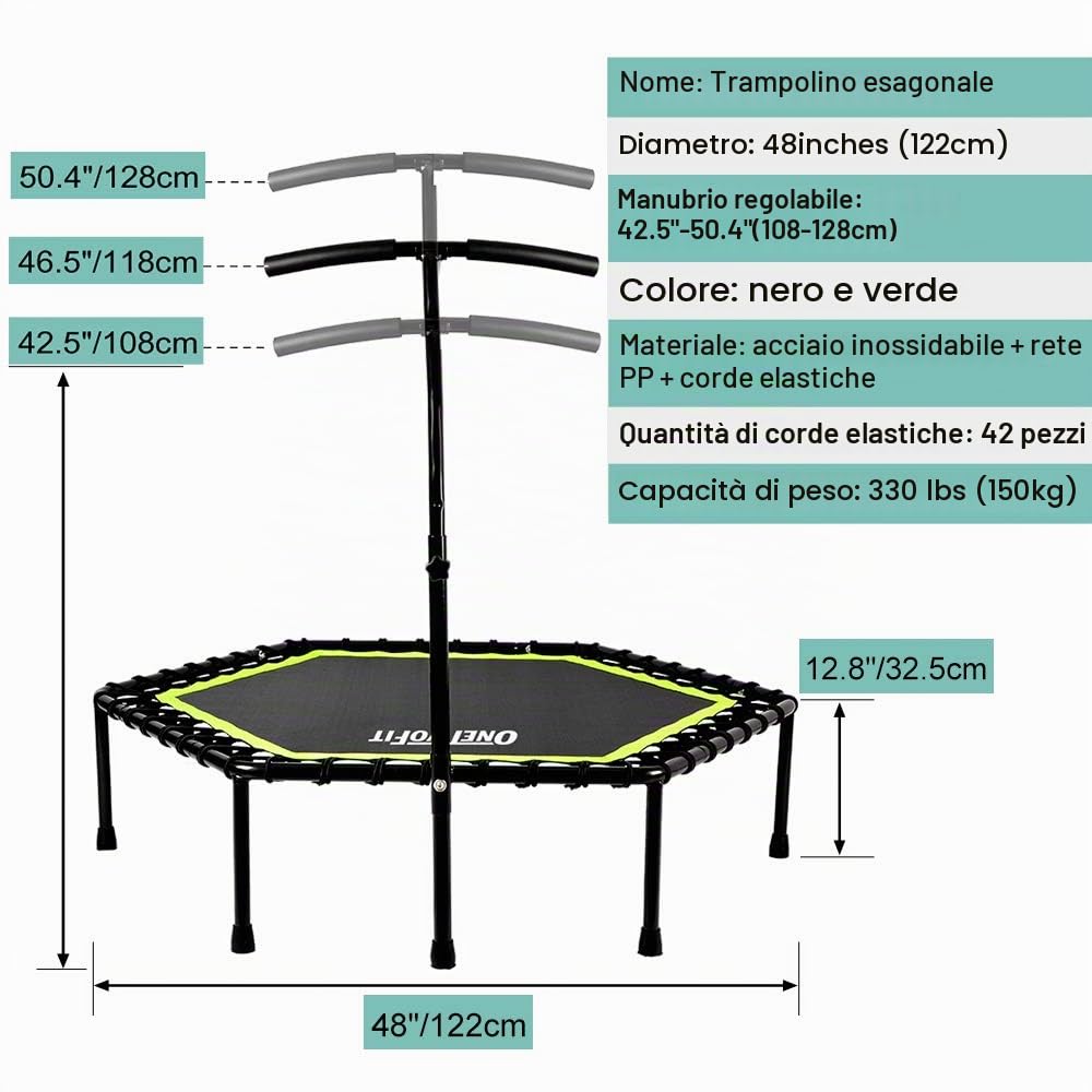 ONETWOFIT Mini Fitness Trampolino 48"/51'' Silenzioso con Manubrio Regolabile Attrezzo per Fitness e Salto Allenamento Cardio Trainer