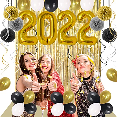 Graduation 2022 Party Supplies Black, Gold Happy Large Balloons Decorations Photo Backdrop And New Years Decor Accessories Kit Golden Fringe Curtain Glitter Banner With Pompoms Ornament Senior College #TOP3