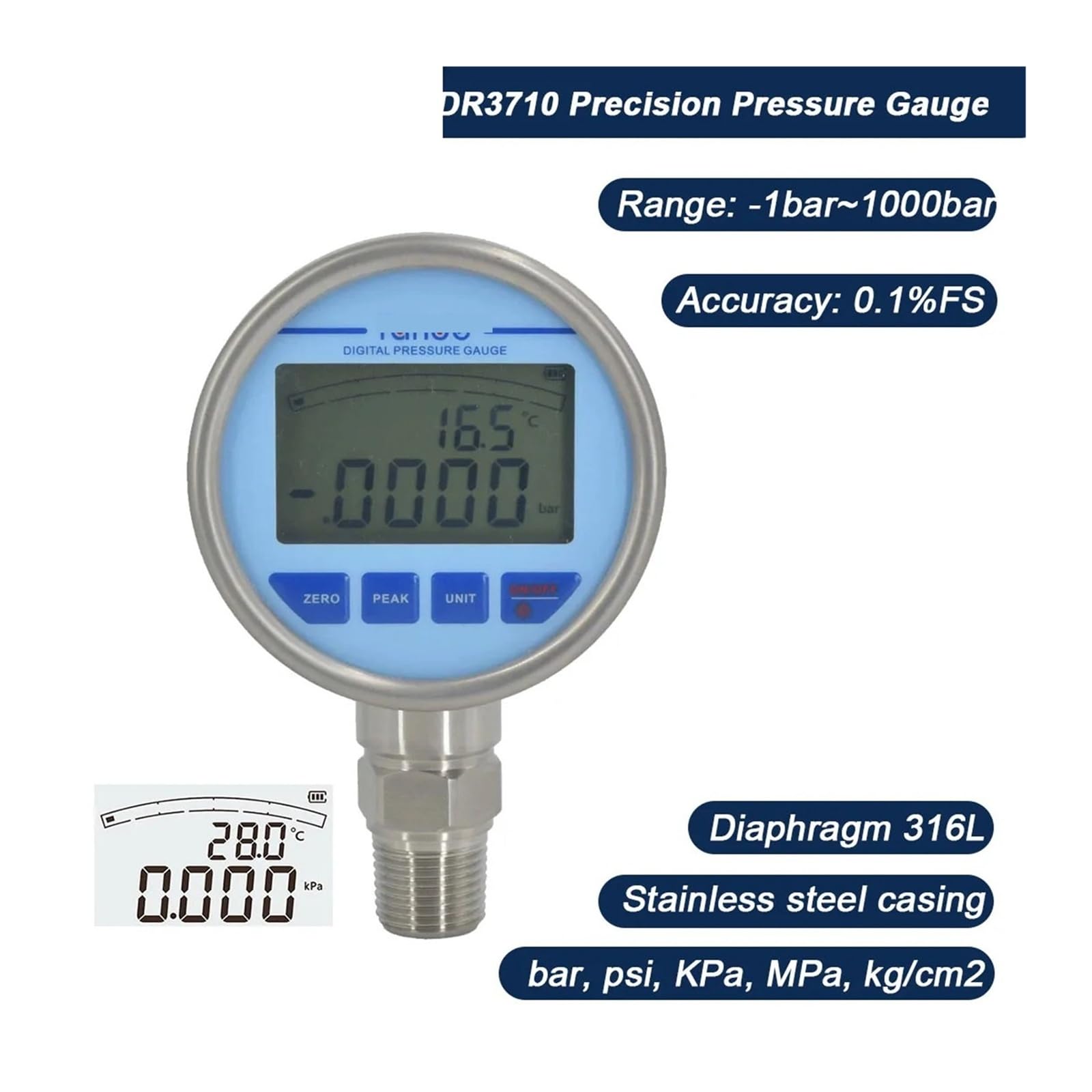 Manómetro digital, precisión de 80 mm 0,1% for manómetro de agua, aire y aceite con pantalla digital‌(-100KPa-100KPa)