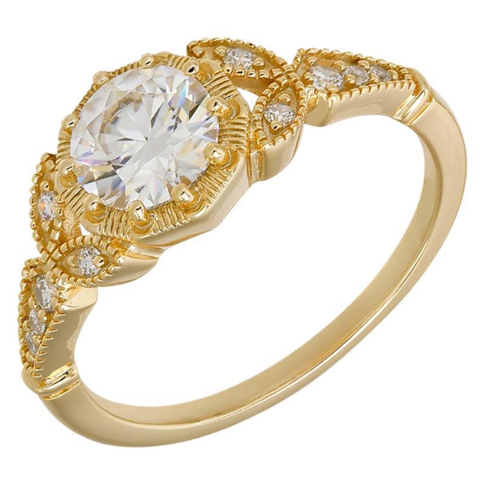 Alianzas de boda auténticas Au 375/585/750 oro amarillo con moissanita, forma de hoja vintage
