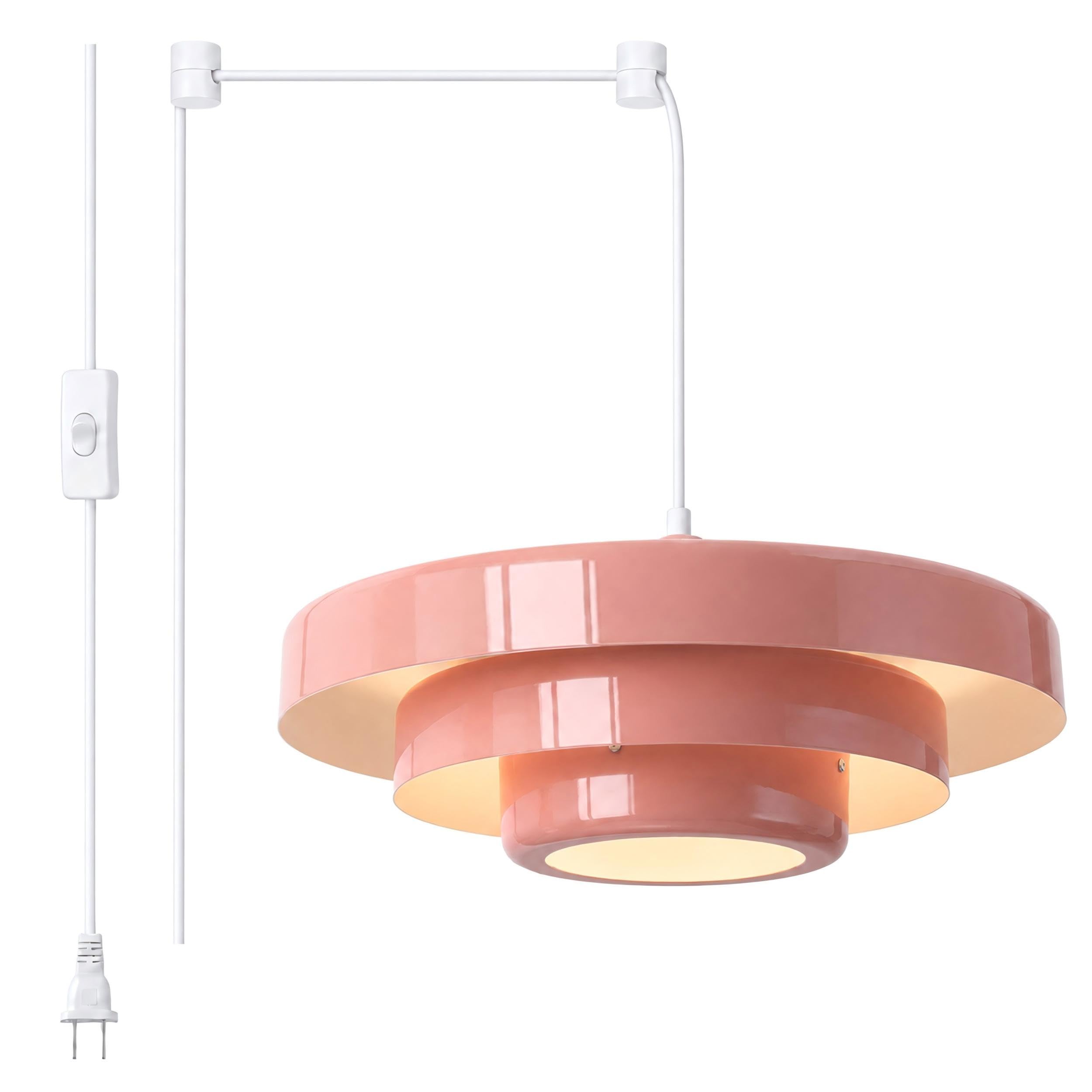 Plug in Pendant Light, Pink Mid Century Swag Lamp Fixture with Metal Shade, Retro Hanging Light Plug in Chandelier with Cord and On/Off Switch Hanging Lamp for Dining Room, Bedroom, Kitchen Island