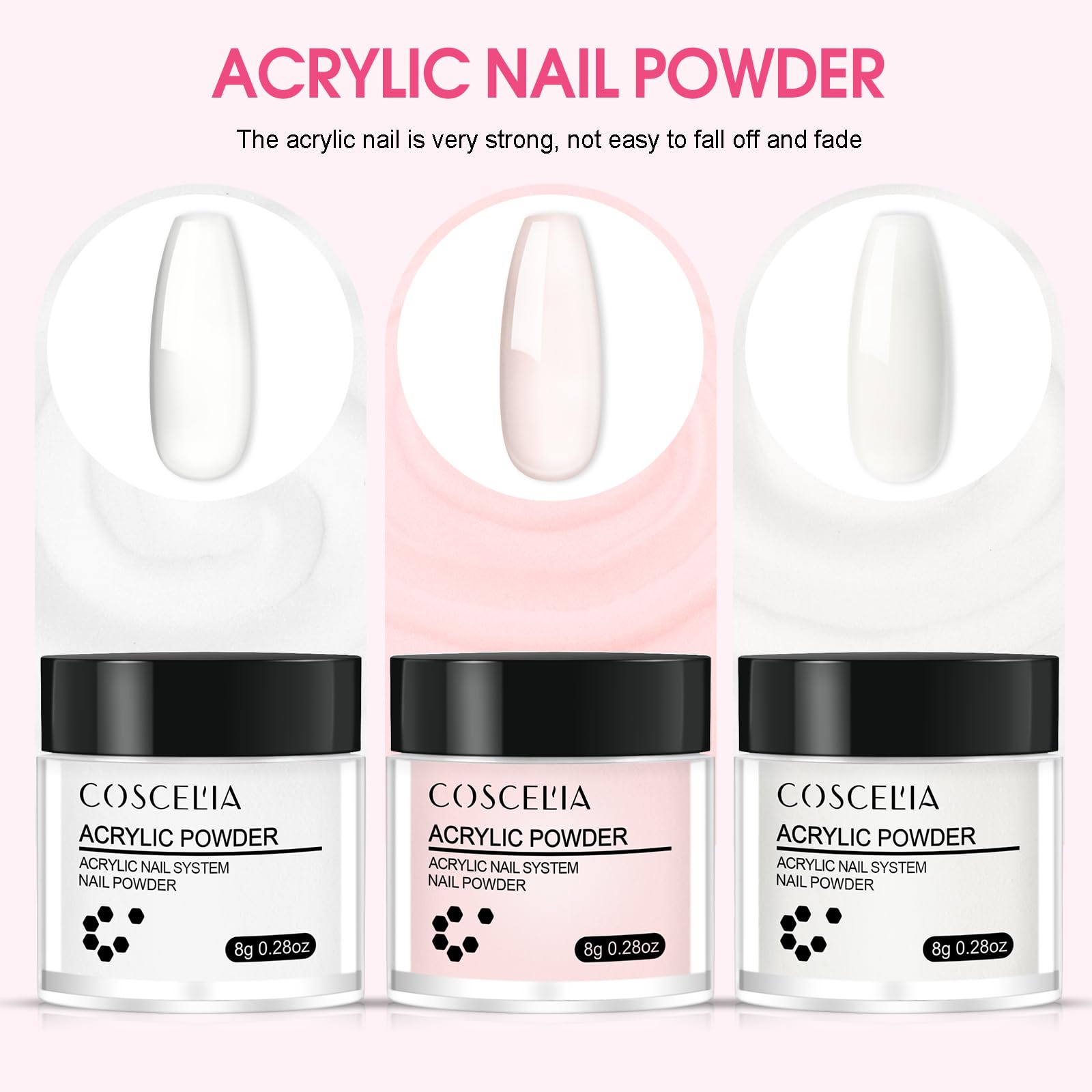 COSCELIA Zestaw do paznokci akrylowych 3 * 8g akrylowy do paznokci profesjonalny biały różowy przezroczysty 30ml monomer zestaw akrylowy do przedłużania paznokci akrylowe prezenty dla początkujących
