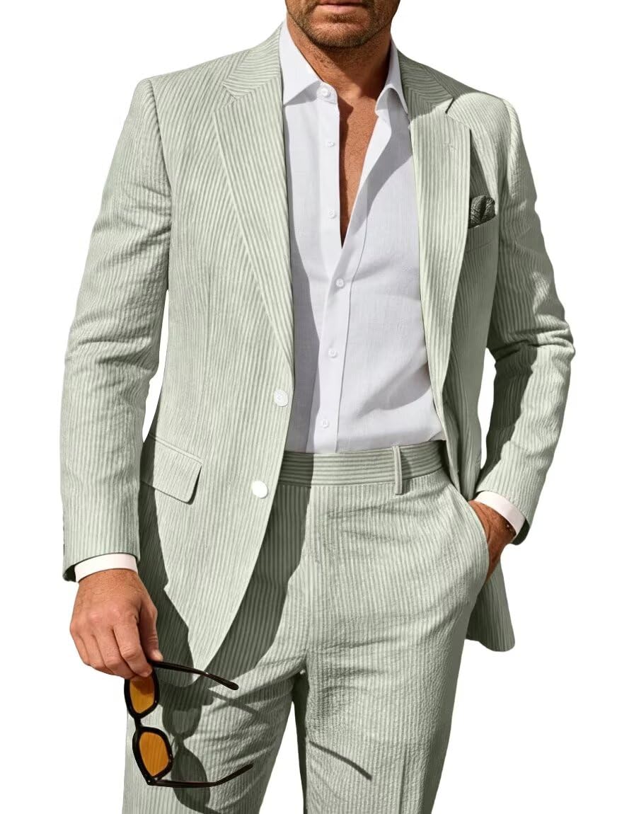 Seersucker Suit Mens 2 Piece Summer Beach Wedding Outfit