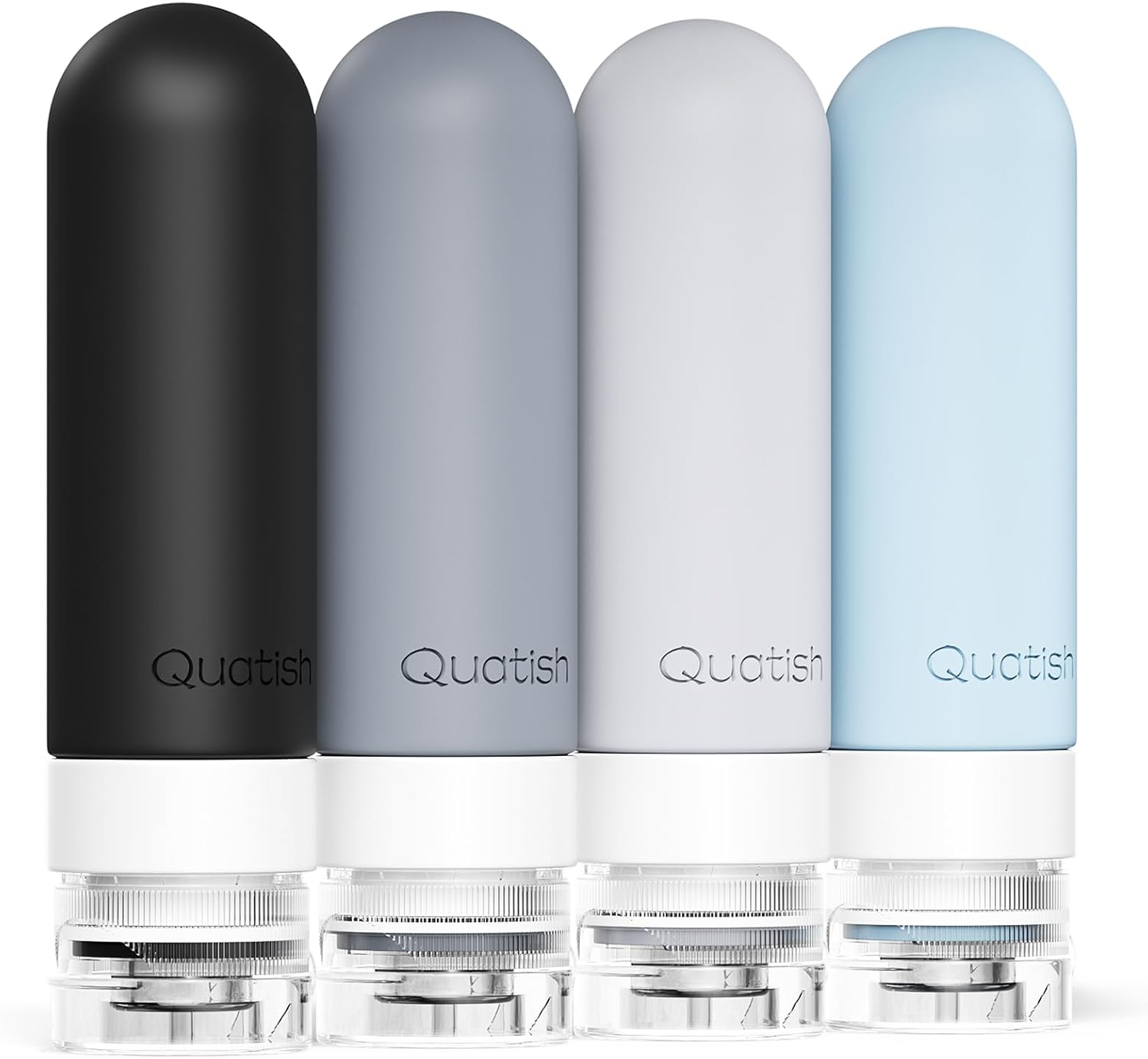 Quatish Travel Bottles for Toiletries, Original Patented Leak Proof Travel Size Containers, 3 oz Tsa Approved Silicone Shampoo and Conditioner Bottles, 4 Pack, Grey Quatish Travel Bottles for Toiletries, Original Patented Leak Proof Travel Size Containers, 3 oz Tsa Approved Silicone Shampoo and Conditioner Bottles, 4 Pack, Grey