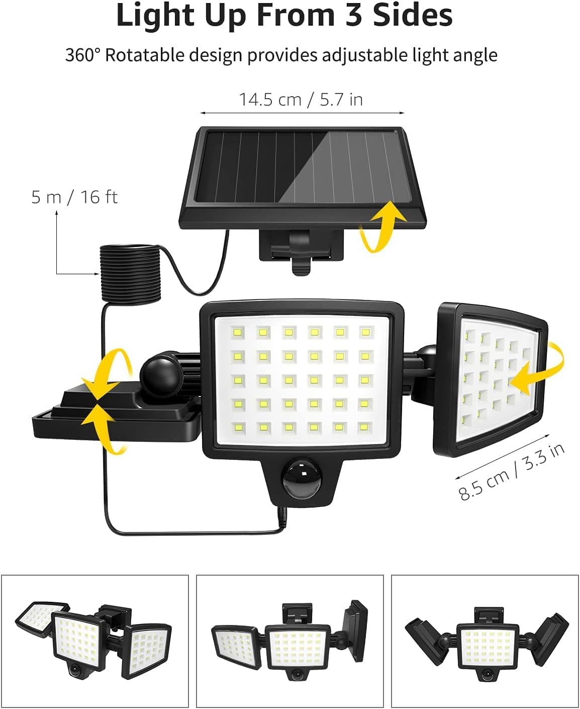 Lepro Solarlampen für Außen mit Bewegungsmelder, 1000LM IP65 Solarleuchte Aussen mit Separatem Solarmodul & 3 Verstellbarer Kopf, Solar Außenleuchte Wandleuchte 270 ° Winkel Außenlampe