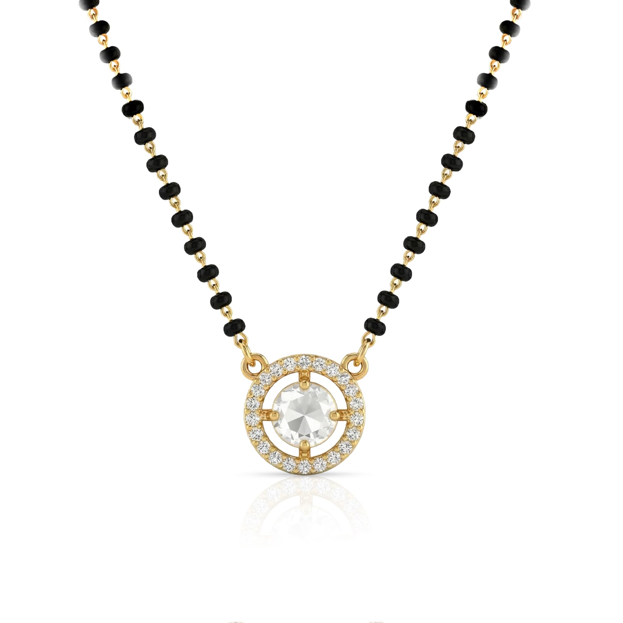yellow chimes Gold Plated Stylish Mangalsutra with Round Crystal Halo Pendant | Trendy Girlish Black Beads Chain for Women | Wedding & Daily Wear Jewellery-picture-11