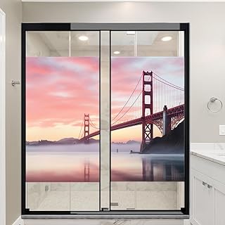 Modern Bridge Stained Glass Window Film Pink Sky Beautiful Landscape Privacy Window Film Non-Adhesive Glass Film Decorative Static Cling Film for Home Office 27.6Wx47.2L-inch x2 Pcs