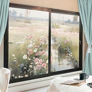 Flowers by The Creek Stained Glass Window Film Blossoming in Spring Privacy Window Film Glass Door Covering Non-Adhesive Window Stickers for Room Kitchen 27.6Wx39.4L-inch x2 Pcs