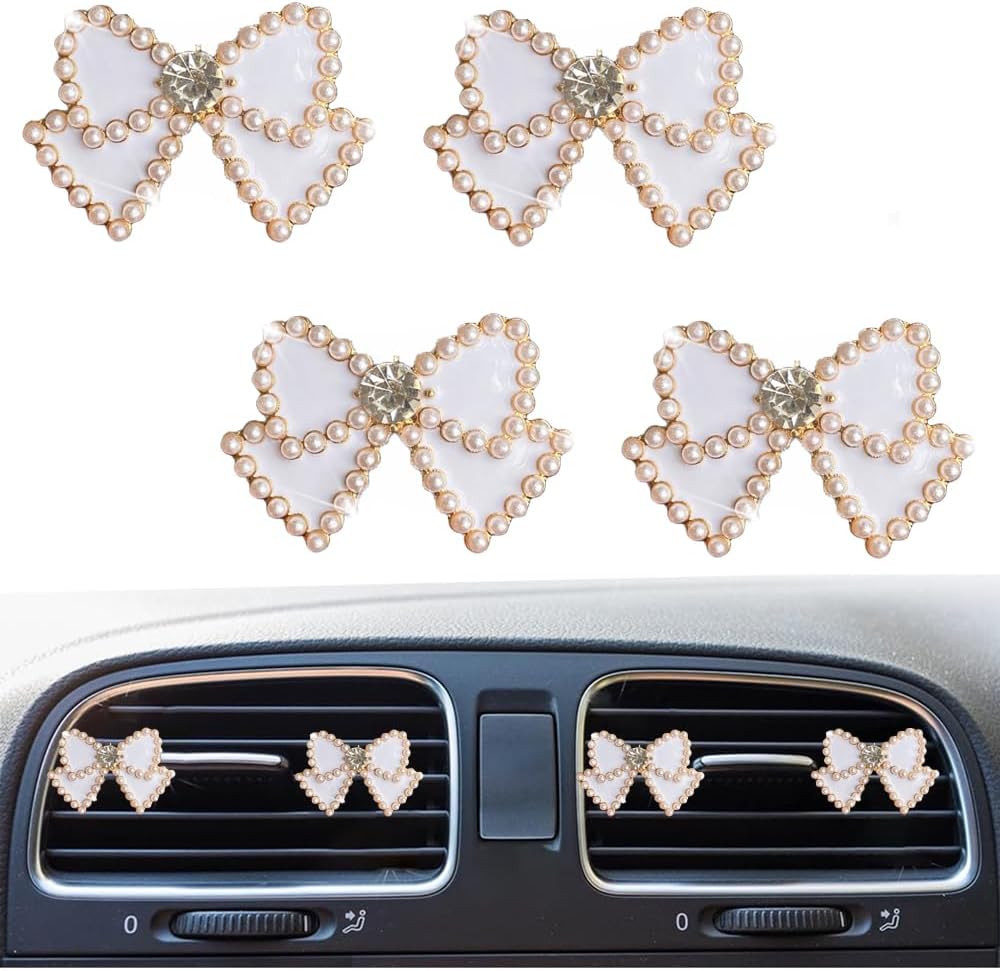 4Pcs Bling Pearl Bowknot Air Vent Clip Cute Car Air Freshener Car Interior Decor Charm Colorful Interior Accessories for Girls Women (White)