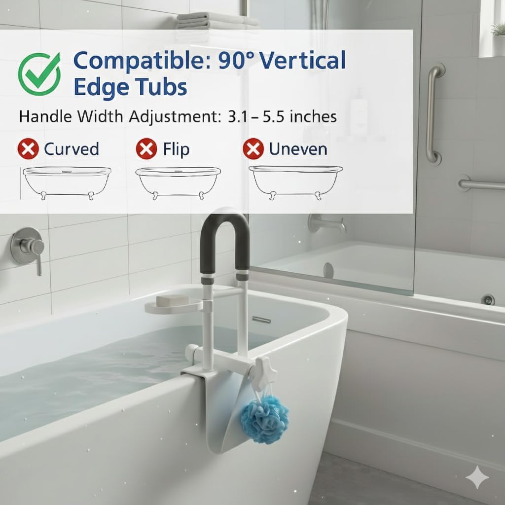 Bathtub Safety Rail with Soap Dish, Heavy-Duty Shower Grab Bar for Elderly, Non-Slip Foam Grip, Tool-Free Install, Rustproof Metal Bathtub Support Handle for Limited Mobility