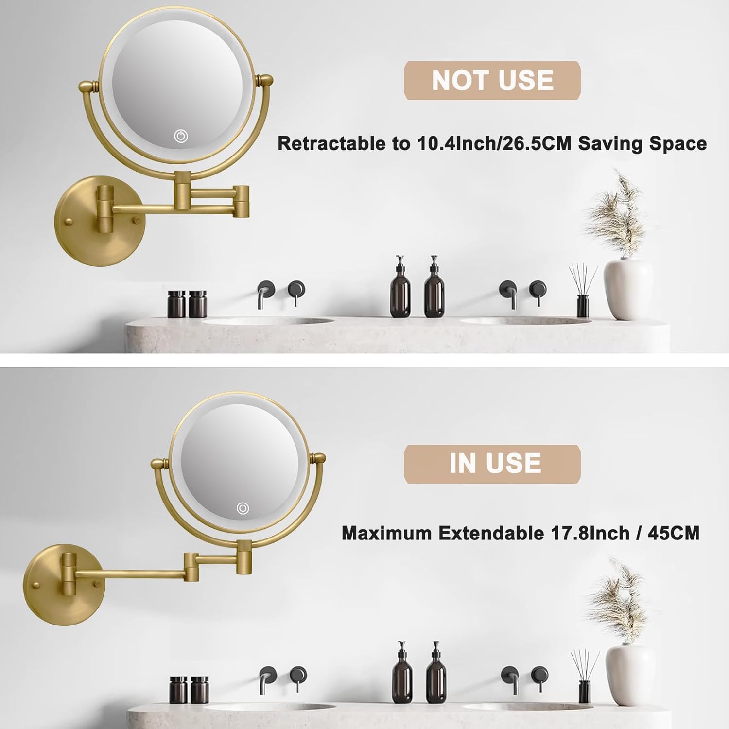 Wall Mounted Makeup Mirror with Lights, 1/10X Double Sided Rechargeable Led Wall Magnifying for Bathroom, 8” Lighted Mountable Vanity Arm Extendable Shaving Antique Brass