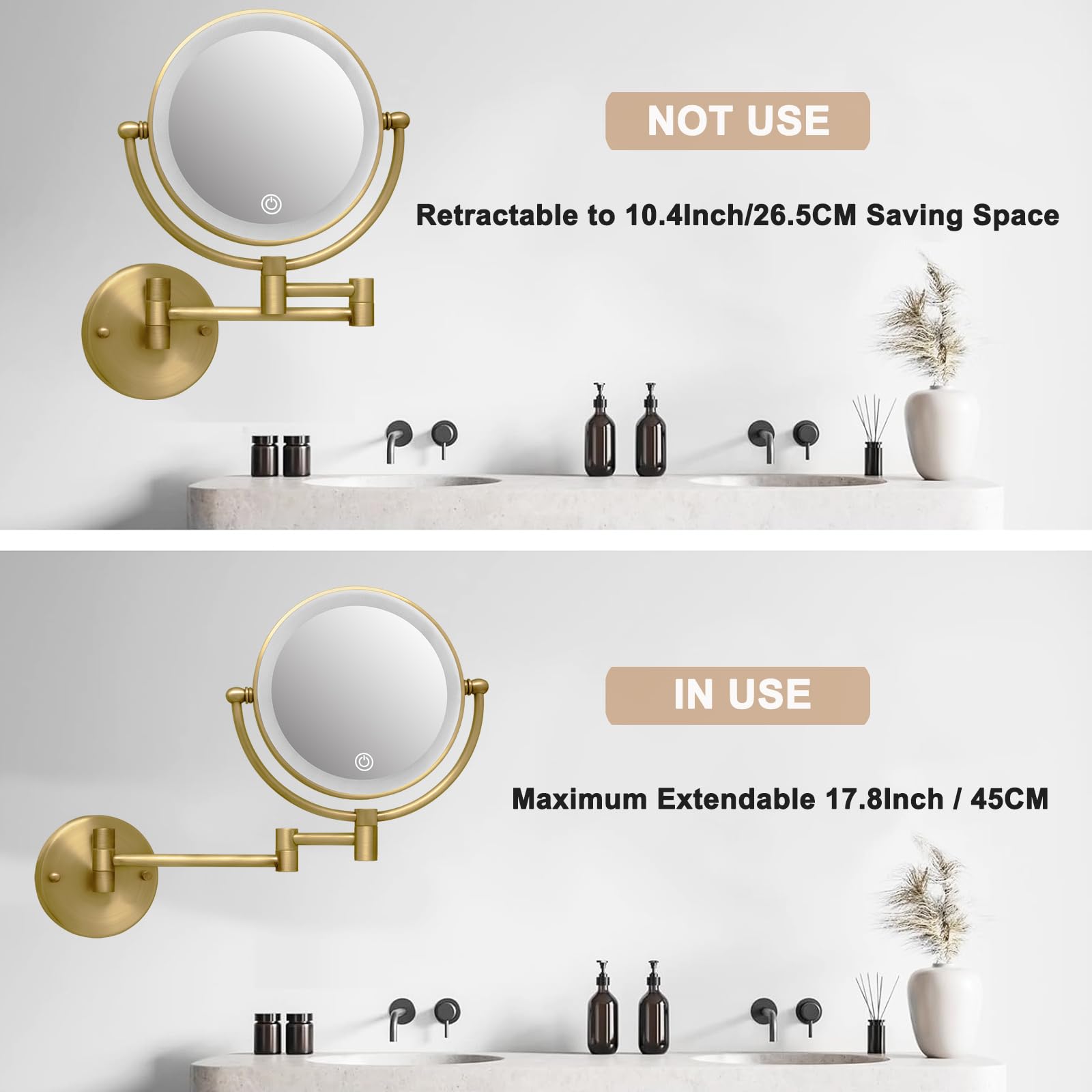 Miroir de maquillage à montage mural éclairé grossissant x10 câblé, double face avec éclairage 3 couleurs, fonction de gradation tactile, bras pivotant à 360° et bras extensible pour rasage
