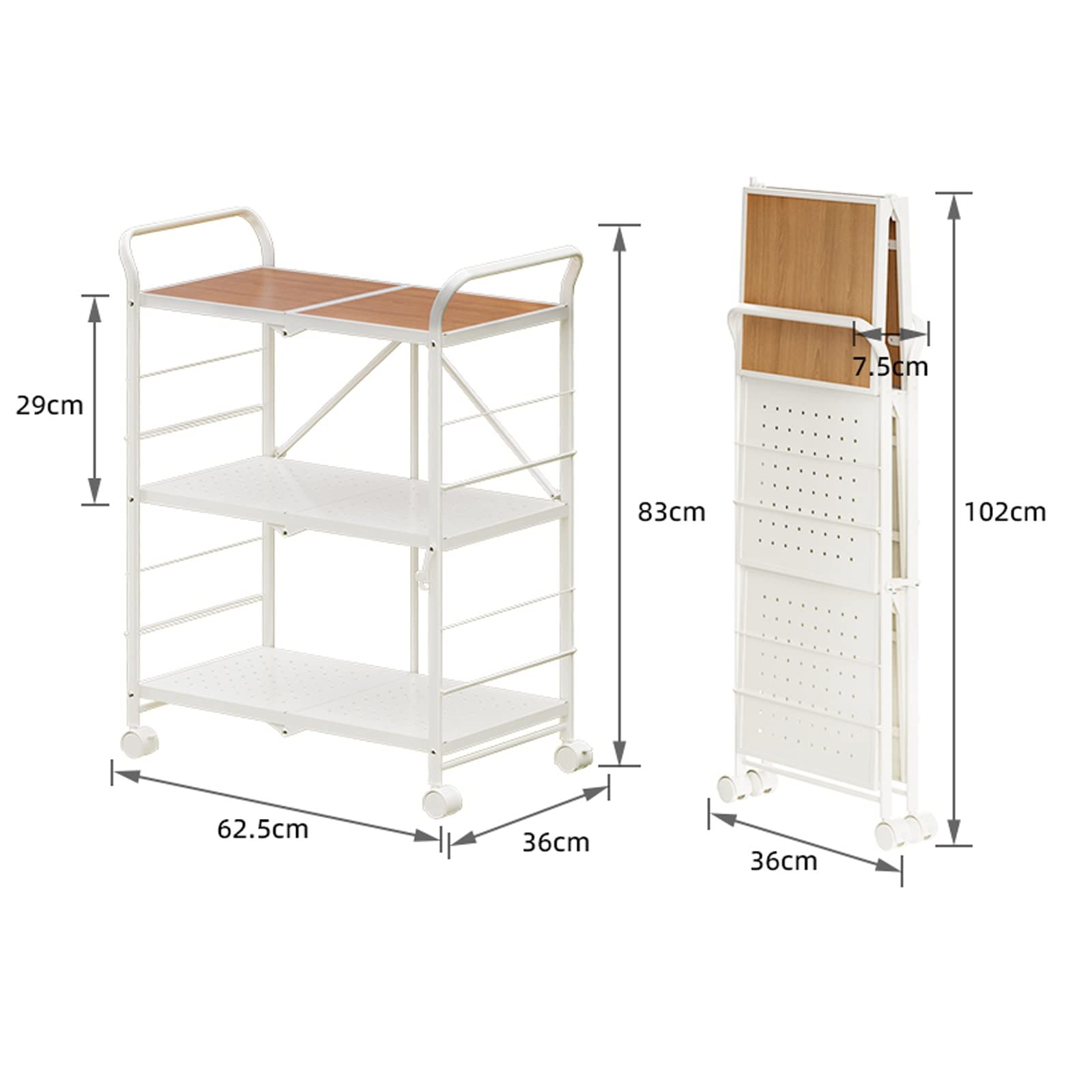 ROFBIHG Carrito Auxiliar con Ruedas, Carro Utilitario con Ruedas De 3 Niveles, 83x63x36cm, Blanco, Rueda Universal Silenciosa, Plegable, Se Pueden Colocar Bebidas, Cosméticos, Bocadillos