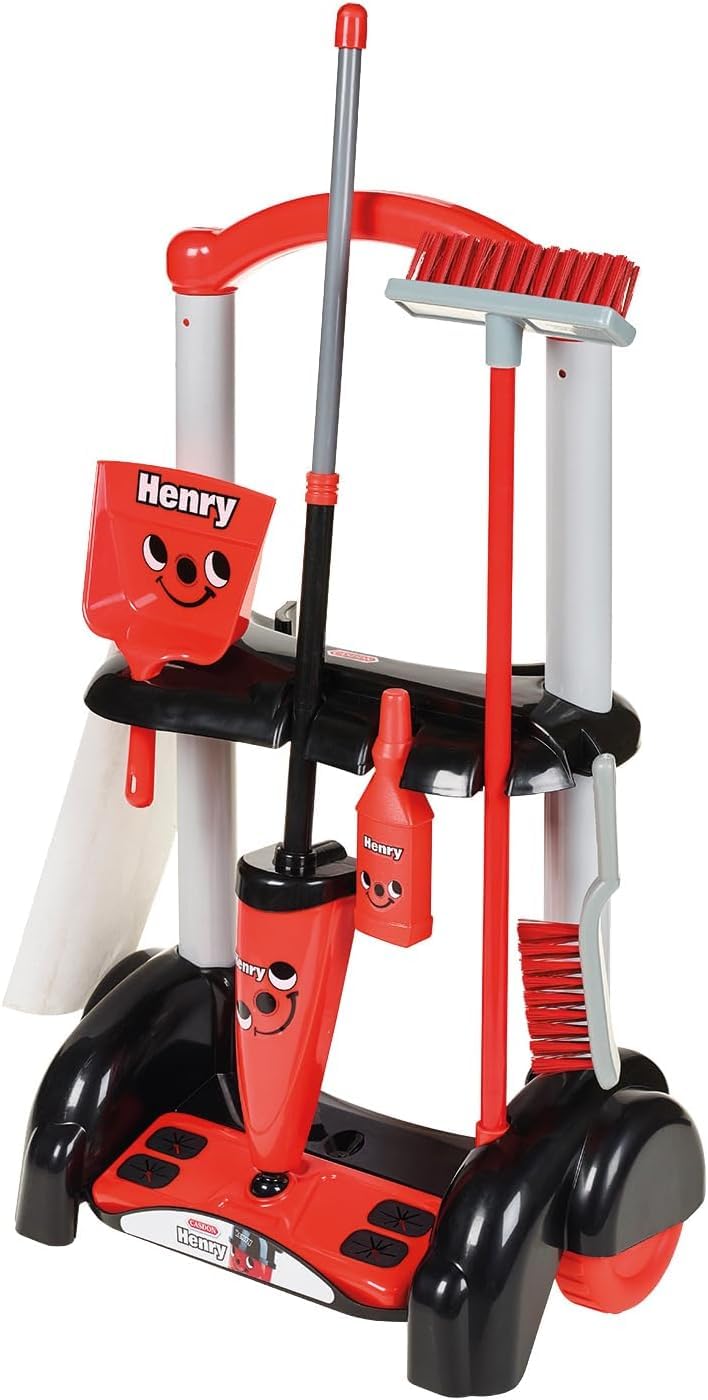 Casdon Henry & Hetty Jouets - Chariot de Nettoyage Henry - Ensemble Rouge inspiré d’Henry avec 1 serpillière, des brosses, 1 Pelle & Accessoires - Jeu pour Les Enfants âgés de 3 Ans & +