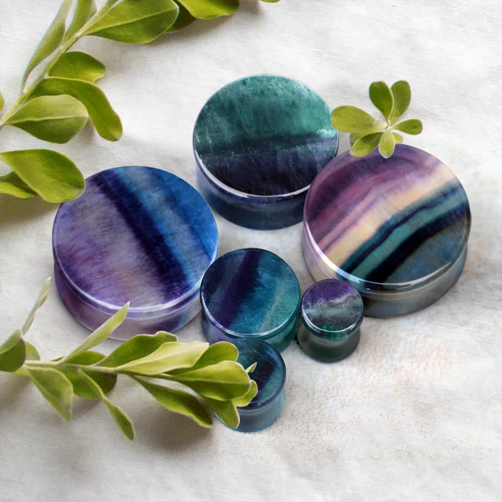 Pierced Owl Natural Rainbow Fluorite Stone Double Flared Plugs, Sold as a Pair - Image 6