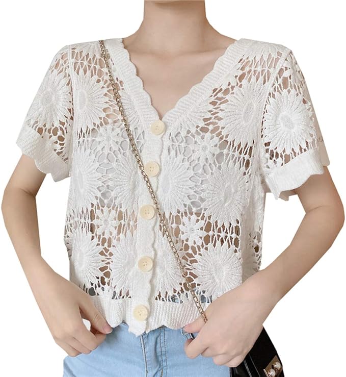 Amazon Mlboss カーディガン レディース 半袖 ゆったり レースカーディガン ショート丈 羽織り シースルー 透かし編み 可愛い トップス 夏 O白 カーディガン ボレロ 通販