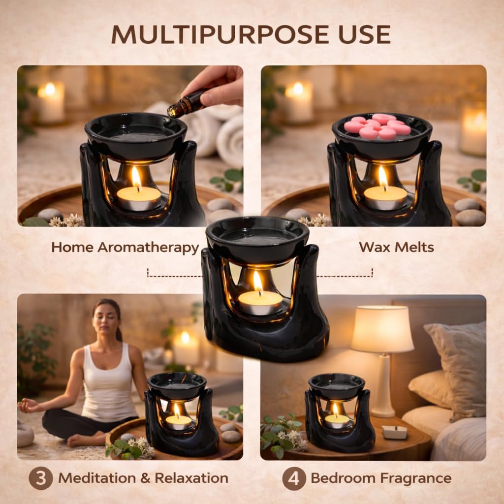 Pure Source India Oil Burner for Home, Office, with 1 Tea Light Candle, Made by Porcelain (Black)