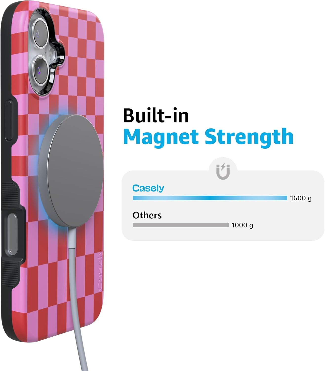 Casely iPhone 16 Case | Vibe Check | Pink Checkerboard | Bold Protective Design | Compatible with MagSafe