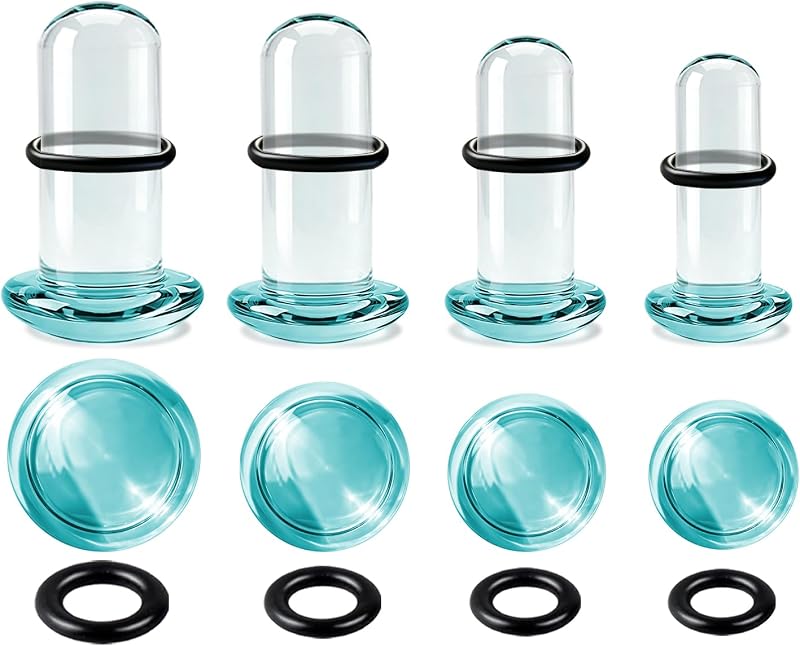 Kit com 4 expansores de vidro para orelha WINSENET, tamanhos de 6,5 mm a 8 mm, modelo single flare com anéis de borracha
