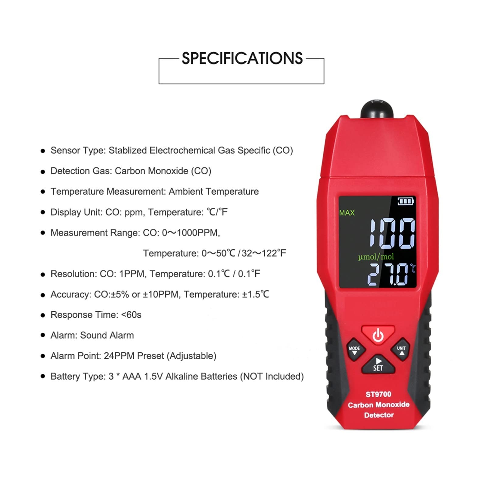 probador de calidad del aire, 2 en 1 CO Detector de gas medidor de temperatura Monóxido de carbono analizador de calidad de aire Monitor de control de gas Analizadores de fugas de gas Lcd Pantalla a c
