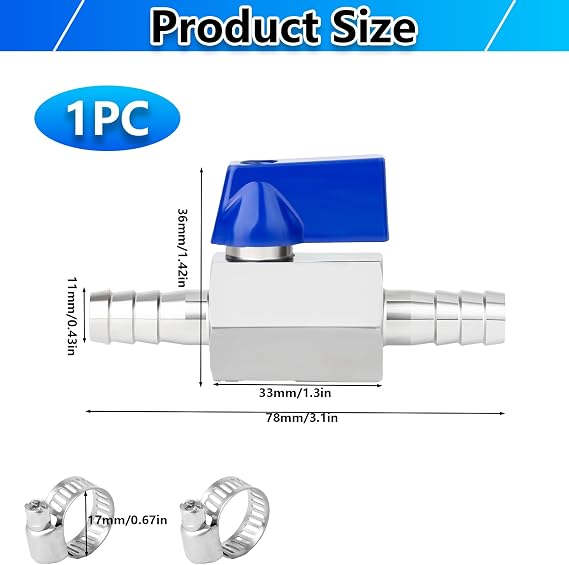 Icetop Barb Ball Valve with 2 Pcs Hose Clamps, Mini Shut-Off Valve