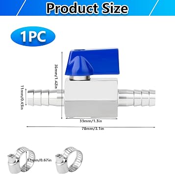 Icetop Barb Ball Valve with 2 Pcs Hose Clamps, Mini Shut-Off Valve