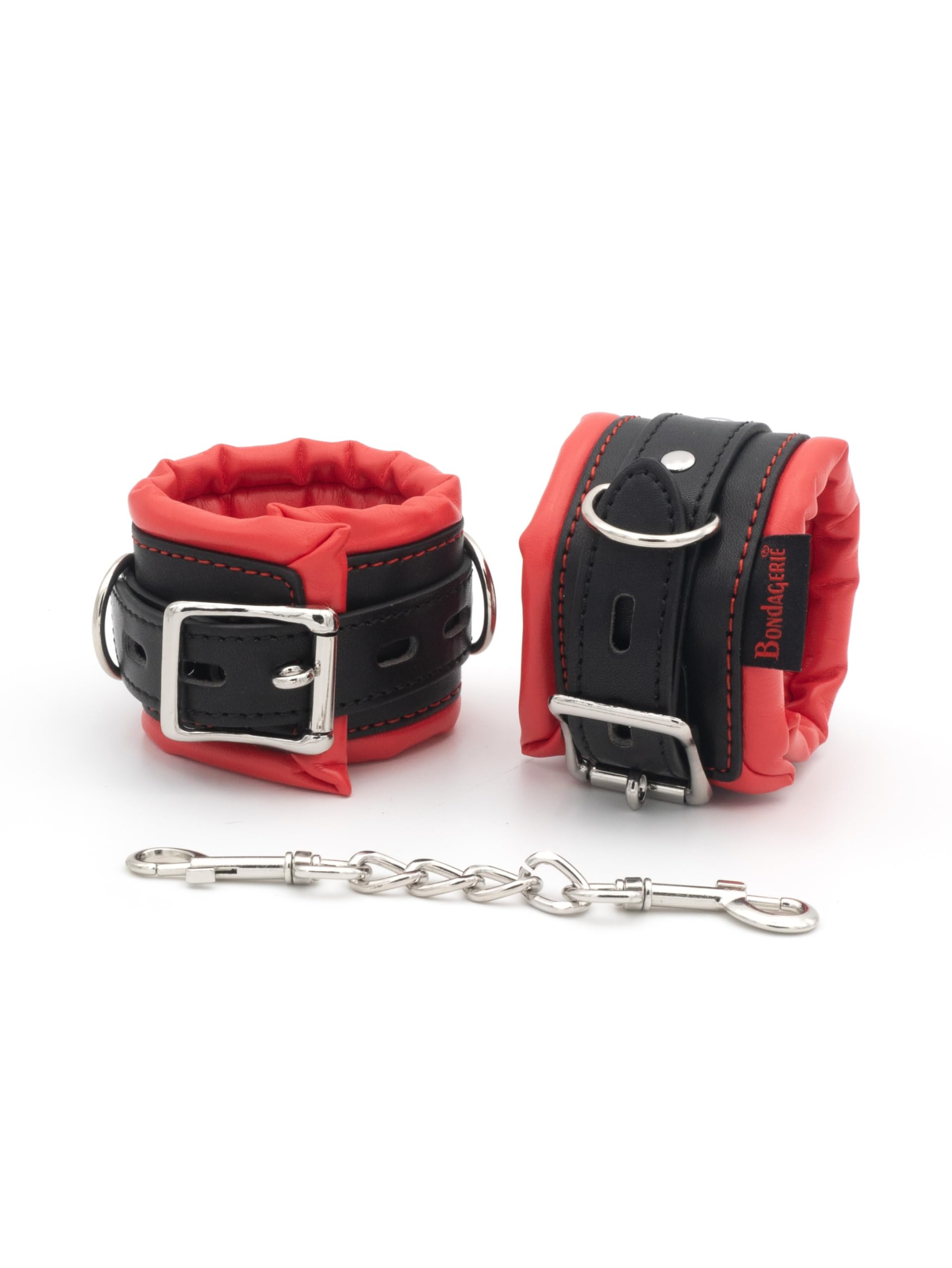 BONDAGERIE® Manette per Coppia Nero e Rosso, imbottite e morbide, sexishop uomo donna lui lei accessori catenina metallo