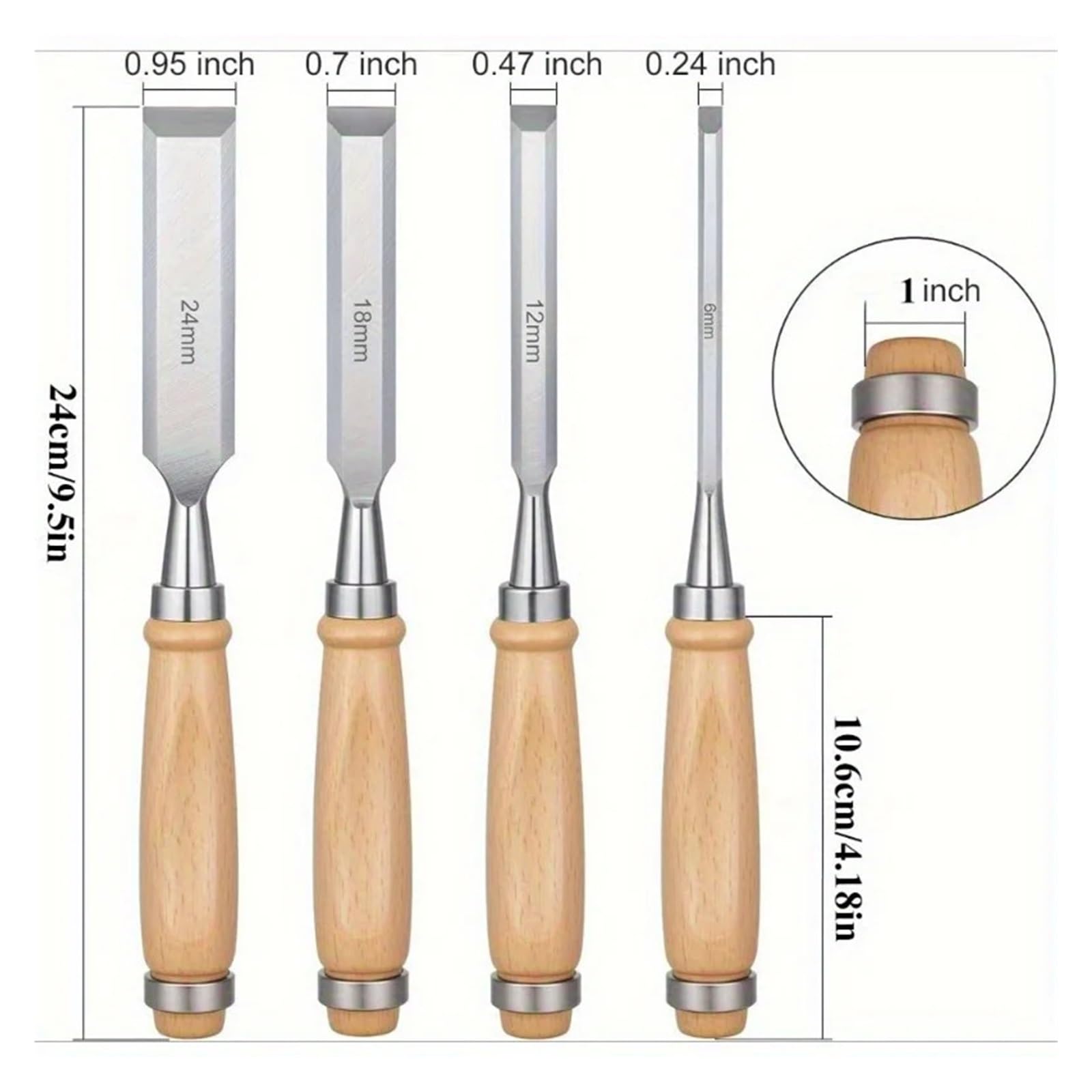 Set Di 4 Scalpelli for La Lavorazione Del Legno 6/12/18/24mm Smussati Lame In Acciaio Al Cromo Vanadio Massello