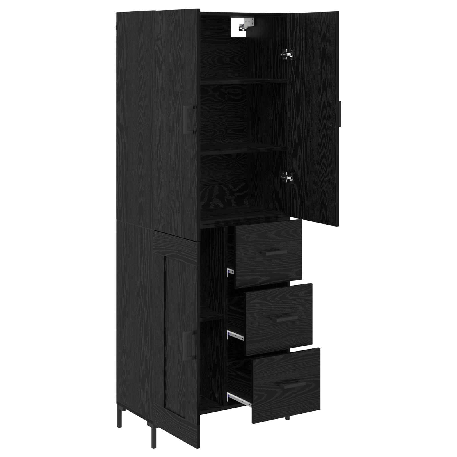 Meuble haut noir aspect chêne 69,5 x 34 x 180 cm avec tiroir, porte, espace de rangement, buffet, étagère pour salon, salle à manger, chambre à coucher, bureau