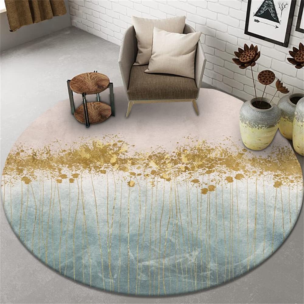 Highdi Alfombras Redondas, Tapete Redondo Lavable Antideslizante, Alfombra de Área Terciopelo de Cristal para Salón,Sofá,Mesa de Café,Estudio,Comedor,Dormitorio,Oficina (100cm,Planta Dorada)
