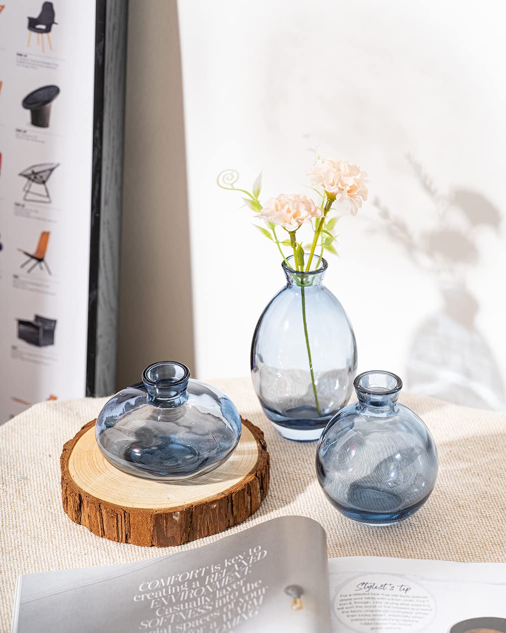 MOLIMAO Bud Vase 3Pcs/Set Mini Vase Small Glass Vase for Desktop Centerpieces Decor,Handmade Vase for Flowers(Blue)