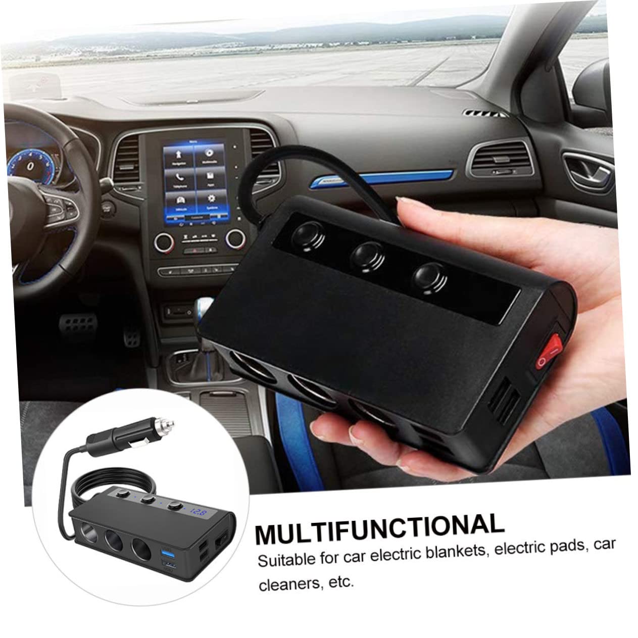 HOMSFOU Adaptador de Cargador para Coche 180w, Divisor de Mechero 4 Puertos USB, Interruptor Independiente y Indicador de Voltaje para Coche